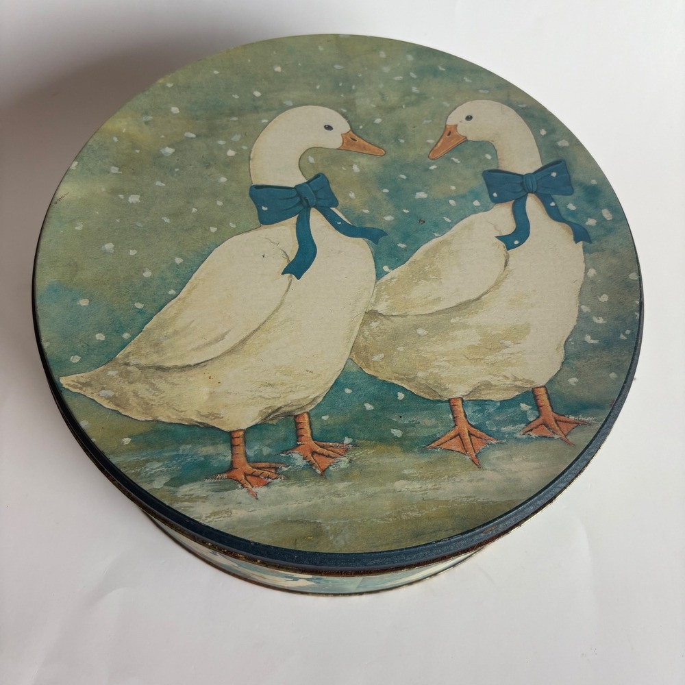 Vintage Country Winter Geese Metal Tin Round Blue Bows Cottagecore Cookie Tin